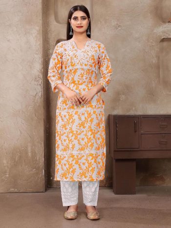LATEST COTTON DIGITAL PRINT WITH CHIKANKARI WORK KURTI WITH PALAZZO ORANGE