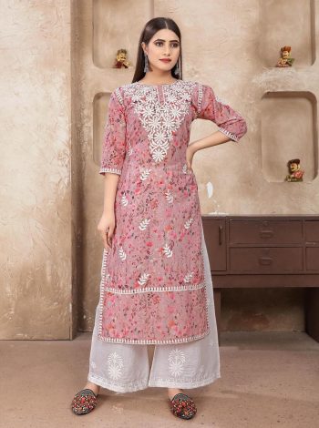 LATEST COTTON DIGITAL PRINT WITH CHIKANKARI WORK KURTI WITH PALAZZO PINK
