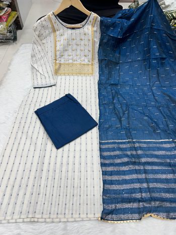 LATEST COTTON EMBROIDERY WEAVING WORK TOP BOTTOM WITH DUPATTA BLUE