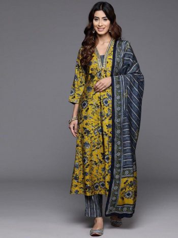 LATEST COTTON FLORAL PRINT TOP BOTTOM WITH DUPATTA YELLOW