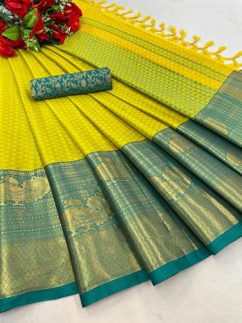 LATEST COTTON SILK JACQUARD WORK SAREE WITH UNSTITCHED BLOUSE LEMON