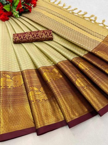 LATEST COTTON SILK JACQUARD WORK SAREE WITH UNSTITCHED BLOUSE CREAM