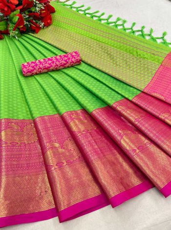 LATEST COTTON SILK JACQUARD WORK SAREE WITH UNSTITCHED BLOUSE PARROT GREEN