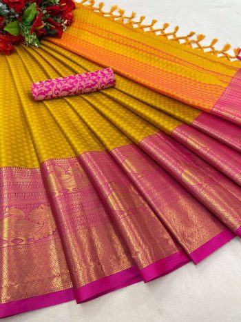 LATEST COTTON SILK JACQUARD WORK SAREE WITH UNSTITCHED BLOUSE YELLOW