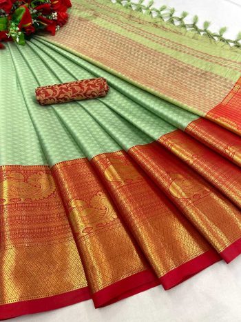 LATEST COTTON SILK JACQUARD WORK SAREE WITH UNSTITCHED BLOUSE PISTA
