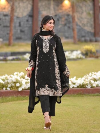 LATEST FAUX GEORGETTE EMBROIDERY AND RIVETED MOTI WORK TOP BOTTOM WITH DUPATTA  BLACK