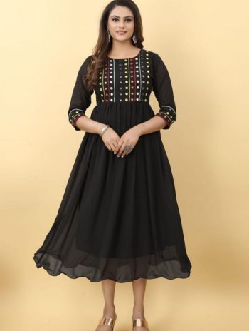 EORGETTE EMBROIDERY MIRROR WORK ANARKALI DRESS BLACK