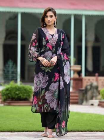 LATEST GEORGETTE EMBROIDERY SEQUENCE WORK TOP BOTTOM WITH DUPATTA BLACK