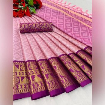 LATEST MERCERIZED COTTON SILK WEAVING WORK SAREE WITH UNSTITCHED BLOUSE BABY PINK