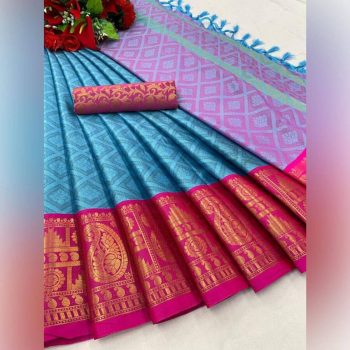 LATEST MERCERIZED COTTON SILK WEAVING WORK SAREE WITH UNSTITCHED BLOUSE SKY BLUE