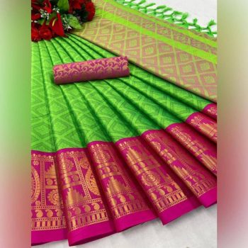 LATEST MERCERIZED COTTON SILK WEAVING WORK SAREE WITH UNSTITCHED BLOUSE PARROT GREEN