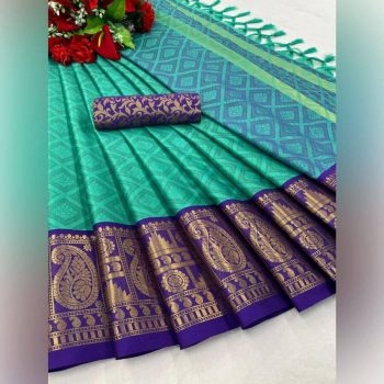 LATEST MERCERIZED COTTON SILK WEAVING WORK SAREE WITH UNSTITCHED BLOUSE RAMA