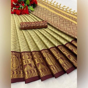 LATEST MERCERIZED COTTON SILK WEAVING WORK SAREE WITH UNSTITCHED BLOUSE CHIKU