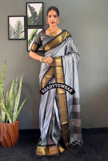 LATEST MERCERIZED  SOFT SILK  MEENAKARI AND JARI WORK ONE MINUTE SAREE WITH UNSTITCHED BLOUSE GREY