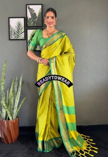 LATEST MERCERIZED  SOFT SILK  MEENAKARI AND JARI WORK ONE MINUTE SAREE WITH UNSTITCHED BLOUSE YELLOW