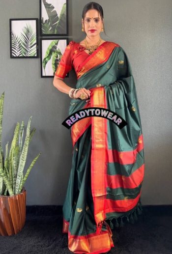 LATEST MERCERIZED  SOFT SILK  MEENAKARI AND JARI WORK ONE MINUTE SAREE WITH UNSTITCHED BLOUSE GREEN