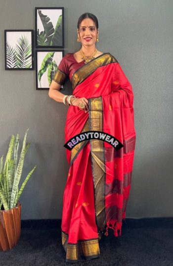 LATEST MERCERIZED  SOFT SILK  MEENAKARI AND JARI WORK ONE MINUTE SAREE WITH UNSTITCHED BLOUSE RED