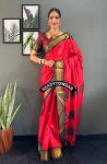 LATEST MERCERIZED  SOFT SILK  MEENAKARI AND JARI WORK ONE MINUTE SAREE WITH UNSTITCHED BLOUSE RED