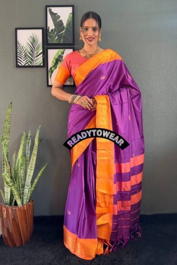 LATEST MERCERIZED  SOFT SILK  MEENAKARI AND JARI WORK ONE MINUTE SAREE WITH UNSTITCHED BLOUSE LAVENDER