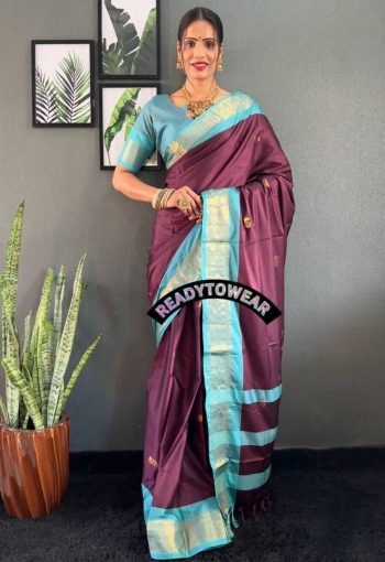 LATEST MERCERIZED  SOFT SILK  MEENAKARI AND JARI WORK ONE MINUTE SAREE WITH UNSTITCHED BLOUSE WINE