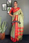 LATEST MERCERIZED  SOFT SILK  MEENAKARI AND JARI WORK ONE MINUTE SAREE WITH UNSTITCHED BLOUSE CHIKU