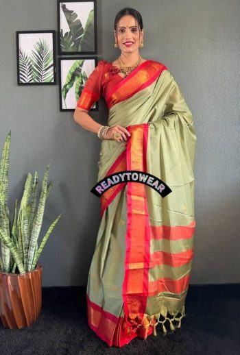 LATEST MERCERIZED  SOFT SILK  MEENAKARI AND JARI WORK ONE MINUTE SAREE WITH UNSTITCHED BLOUSE CHIKU