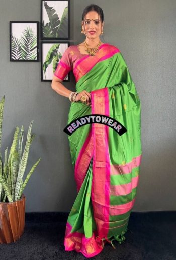 LATEST MERCERIZED  SOFT SILK  MEENAKARI AND JARI WORK ONE MINUTE SAREE WITH UNSTITCHED BLOUSE PARROT GREEN