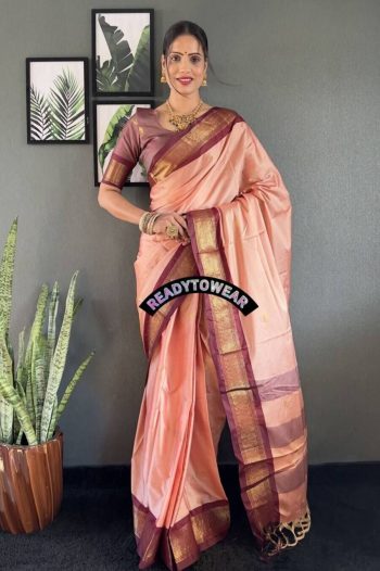 LATEST MERCERIZED  SOFT SILK  MEENAKARI AND JARI WORK ONE MINUTE SAREE WITH UNSTITCHED BLOUSE PEACH