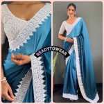 LATEST NYLON CHINON PADDING CHIKAN KARI BORDER LACE WORK ONE MINUTE SAREE WITH UNSTITCHED BLOUSE SKY BLUE