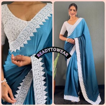 LATEST NYLON CHINON PADDING CHIKAN KARI BORDER LACE WORK ONE MINUTE SAREE WITH UNSTITCHED BLOUSE SKY BLUE