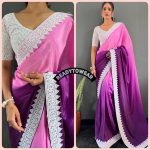 LATEST NYLON CHINON PADDING CHIKAN KARI BORDER LACE WORK ONE MINUTE SAREE WITH UNSTITCHED BLOUSE PURPLE