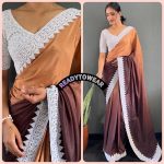 LATEST NYLON CHINON PADDING CHIKAN KARI BORDER LACE WORK ONE MINUTE SAREE WITH UNSTITCHED BLOUSE BROWN