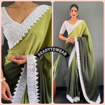 LATEST NYLON CHINON PADDING CHIKAN KARI BORDER LACE WORK ONE MINUTE SAREE WITH UNSTITCHED BLOUSE GREEN