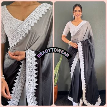 LATEST NYLON CHINON PADDING CHIKAN KARI BORDER LACE WORK ONE MINUTE SAREE WITH UNSTITCHED BLOUSE BLACK