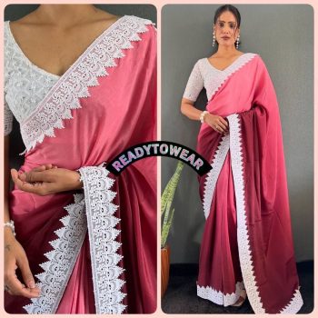 LATEST NYLON CHINON PADDING CHIKAN KARI BORDER LACE WORK ONE MINUTE SAREE WITH UNSTITCHED BLOUSE BABY PINK