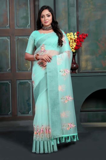 LATEST ORGANZA MULTI THREAD EMBROIDERY WITH ZARI WEAVING WORK SAREE WITH UNSTITCHED BLOUSE  SKY