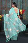 LATEST ORGANZA MULTI THREAD EMBROIDERY WITH ZARI WEAVING WORK SAREE WITH UNSTITCHED BLOUSE FESTIVE WEAR WHOLESALE PRICE ETHNIC GARMENT (2)
