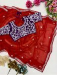 LATEST ORGANZA SILK MULTI THREAD EMBROIDERY SEQUENCE SAREE WITH UNSTITCHED BLOUSE WEDDING WEAR WHOLESALE PRICE ETHNIC GARMENT (3)