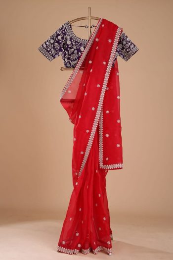 LATEST ORGANZA SILK MULTI THREAD EMBROIDERY SEQUENCE SAREE WITH UNSTITCHED BLOUSE RED
