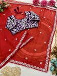 LATEST ORGANZA SILK MULTI THREAD EMBROIDERY SEQUENCE SAREE WITH UNSTITCHED BLOUSE WEDDING WEAR WHOLESALE PRICE ETHNIC GARMENT (3)