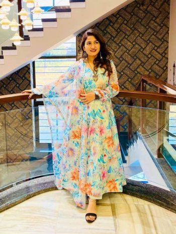 LATEST ORGANZA TABBY SILK DIGITAL PRINTED GOWN BOTTOM WITH DUPATTA SKY