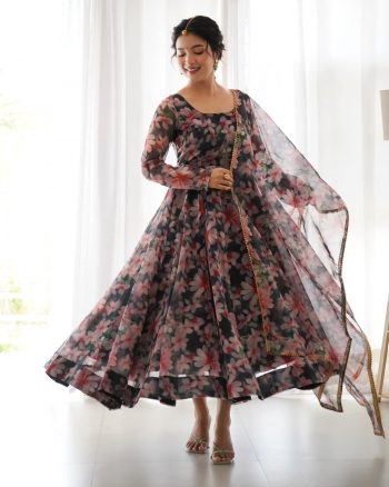 LATEST ORGANZA TABBY SILK DIGITAL PRINTED GOWN WITH DUPATTA  BLACK