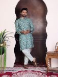 LATEST PURE COTTON DIGITAL PRINTED MEN'S KURTA WITH PAYJAMA GREEN