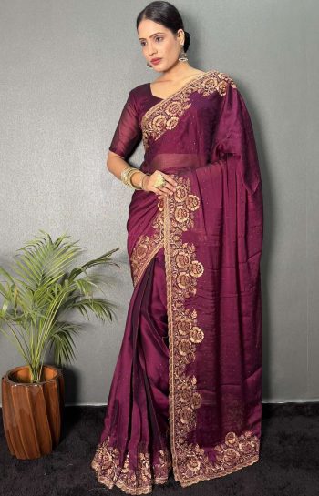 LATEST RANGOLI SILK ZARI WORK WITH SWAROVSKI WORK READY TO WEAR SAREE WITH UNSTITCHED BLOUSE WINE
