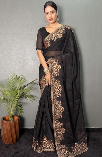 LATEST RANGOLI SILK ZARI WORK WITH SWAROVSKI WORK READY TO WEAR SAREE WITH UNSTITCHED BLOUSE BLACK