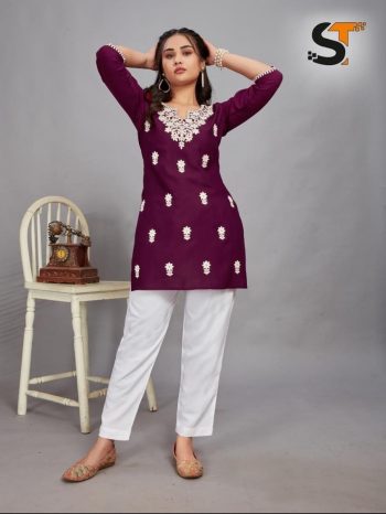 LATEST RAYON EMBROIDERY WORK SHORT KURTI WINE