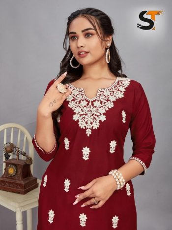 LATEST RAYON EMBROIDERY WORK SHORT KURTI  MAROON