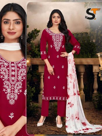 LATEST RAYON EMBROIDERY WORK TOP BOTTOM WITH DUPATTA  MAROON