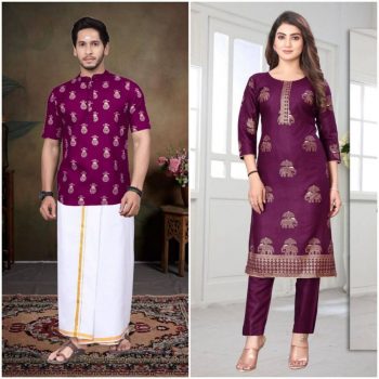 LATEST RAYON FOIL PRINTED WOMEN'S TOP WITH BOTTOM AND COTTON FLEX FOIL PRINTED MEN'S SHIRT COUPLE COMBO WINE