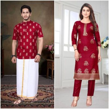 LATEST RAYON FOIL PRINTED WOMEN'S TOP WITH BOTTOM AND COTTON FLEX FOIL PRINTED MEN'S SHIRT COUPLE COMBO MAROON